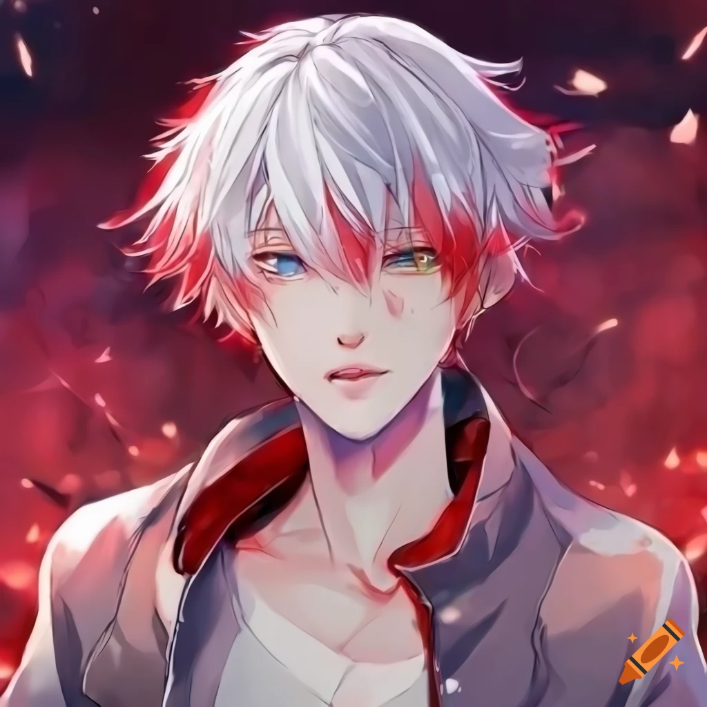 Anime portrait of a young male with white and red hair