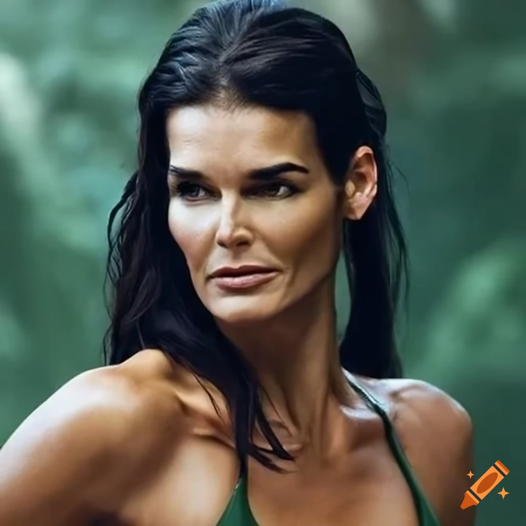 Muscular action hero Angie Harmon in Tarzan-inspired fitness attire