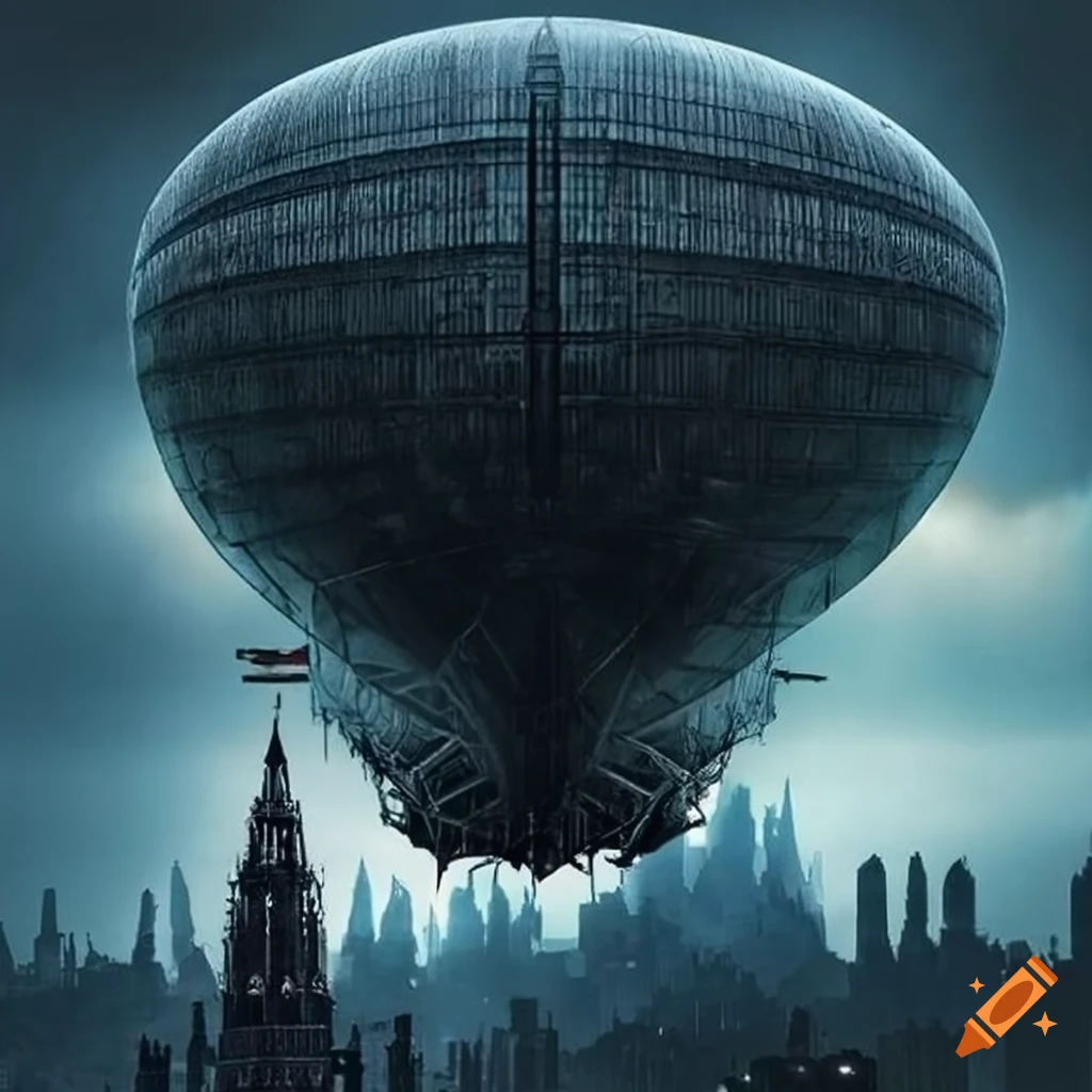 Zeppelin flying over a gothic art deco style city