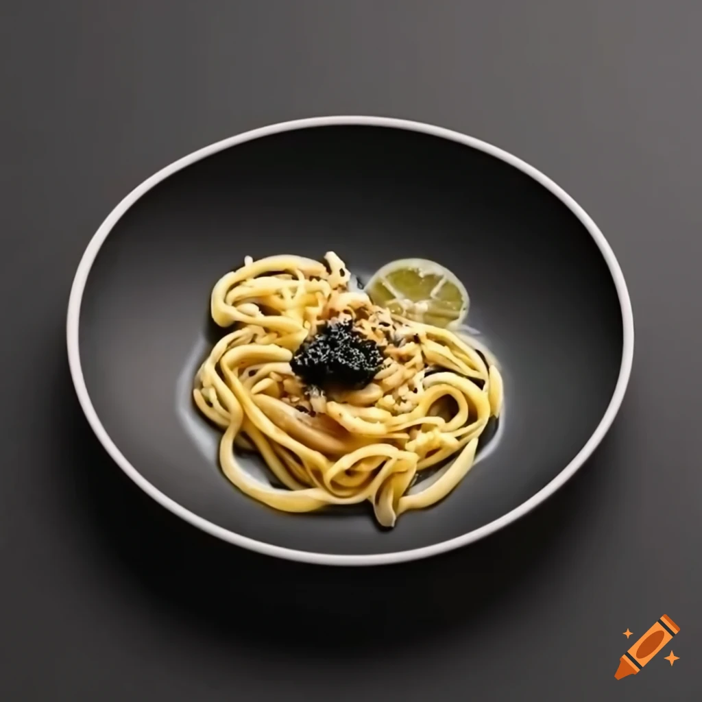 Plate of coquillettes pasta with caviar and buttery sauce