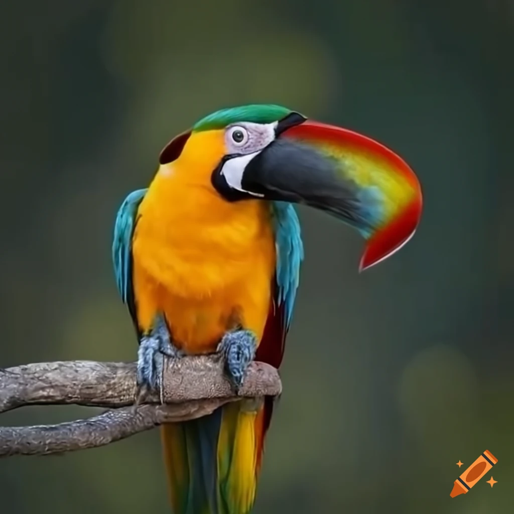 Toucan and macaw hybrid next to a macaw and toucan hybrid