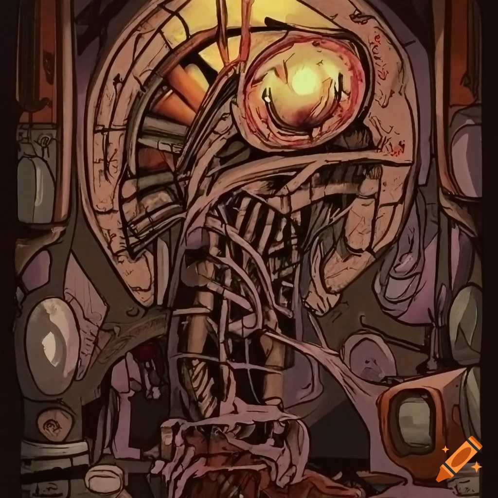 Strange Phyrexian machine in an old washed-out drawing for MTG