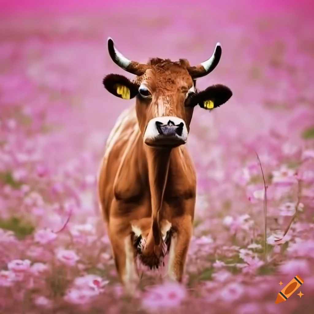 Retro style brown cow on a pink flower field