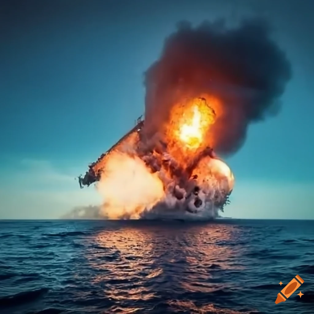 Wrecked battleship sinking into the deep ocean
