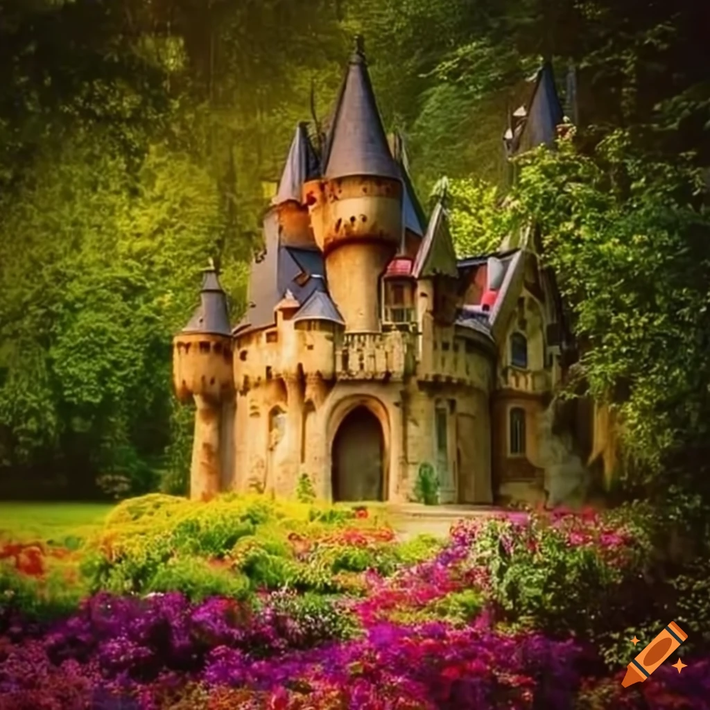 Enchanting fairytale castle surrounded by colorful flowers in a garden ...