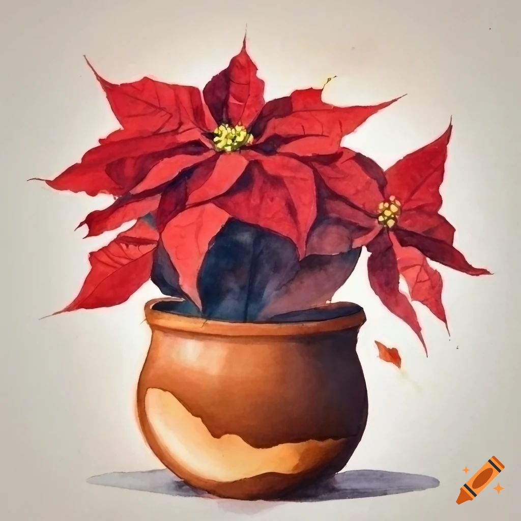 Watercolor painting of a red poinsettia in a brown pot on a white background