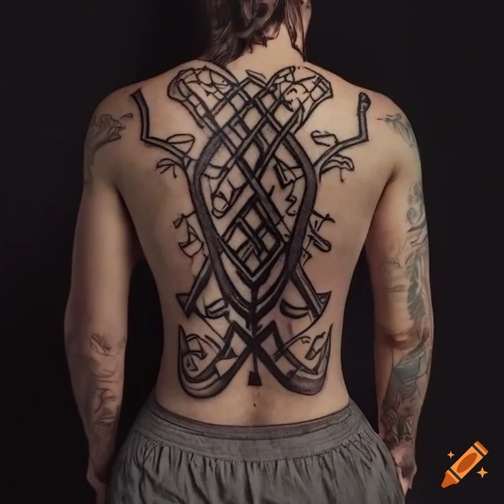 Bold Viking geometry tattoo theme for a man's back on Craiyon, image size:1024x1024