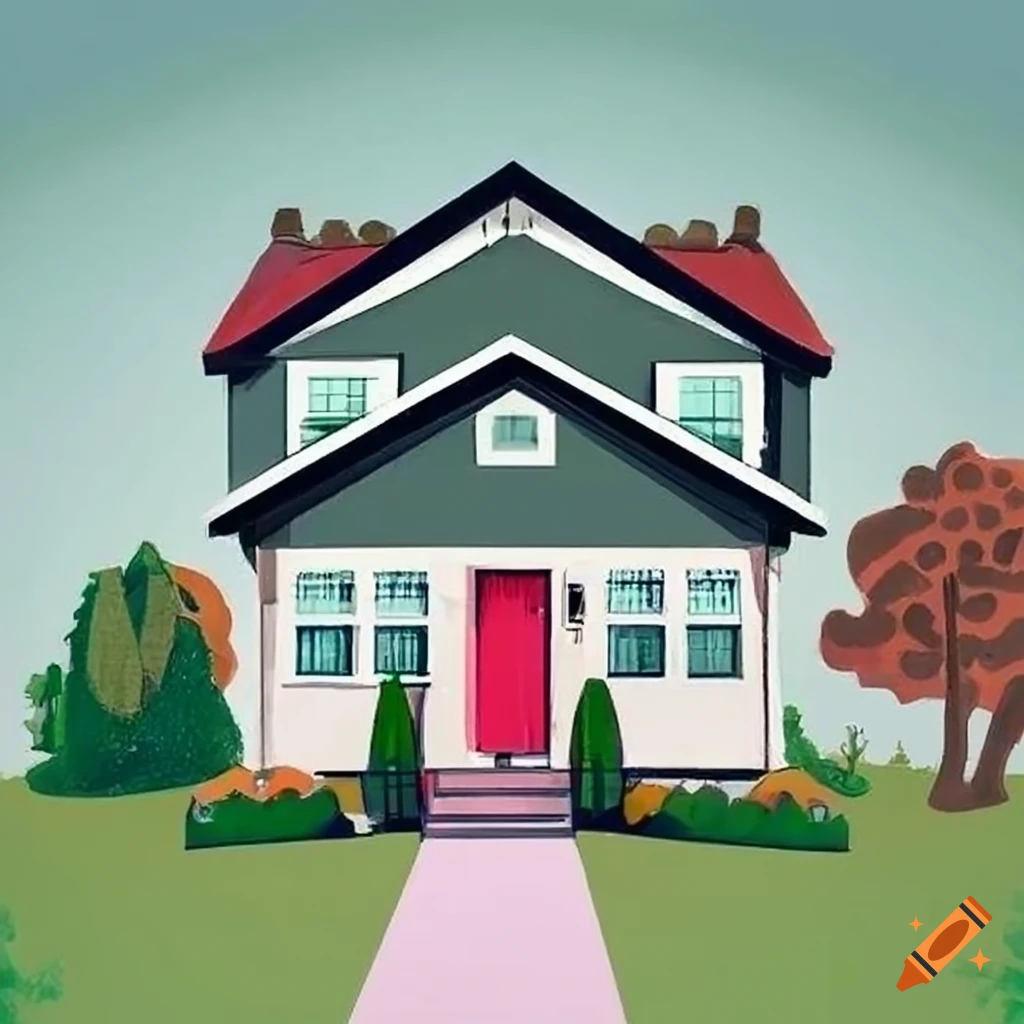 Single family home in bright primary colors in suburban setting