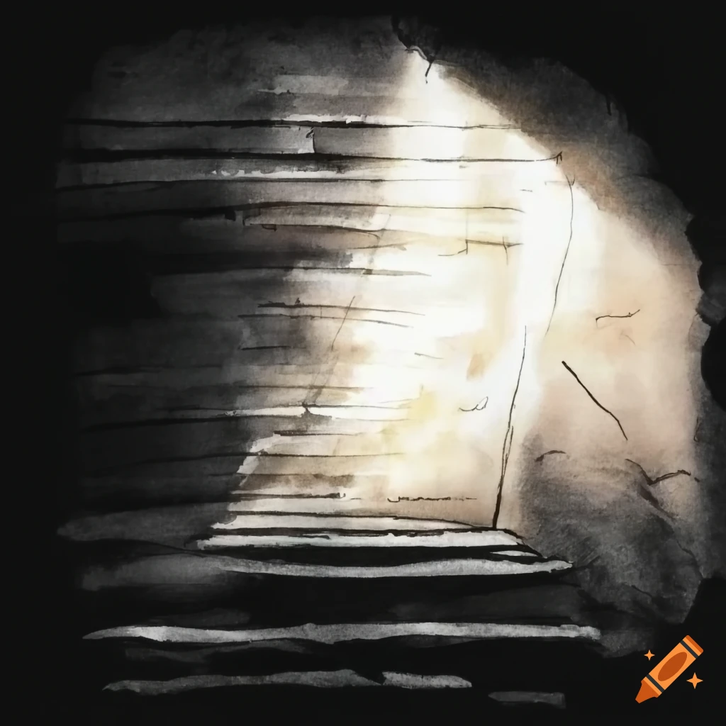 Sunshine beams in a dark cottage room in charcoal drawing