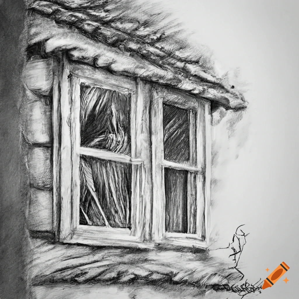 Sun shining through an open window of a cottage house in charcoal art