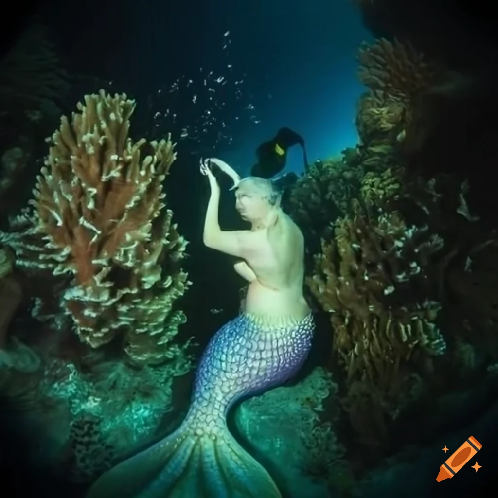 Wise elderly mermaid surrounded by coral