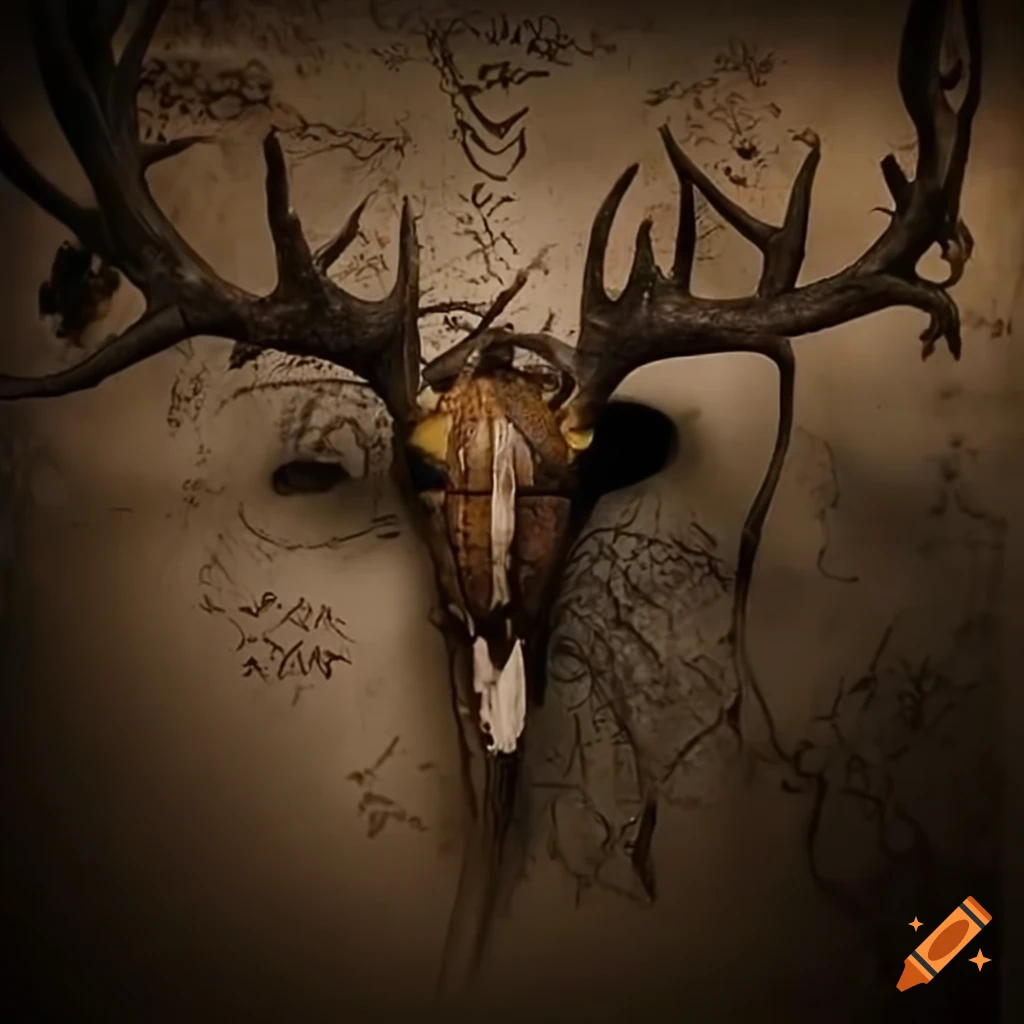 Complex voodoo artwork featuring a deer skull centerpiece