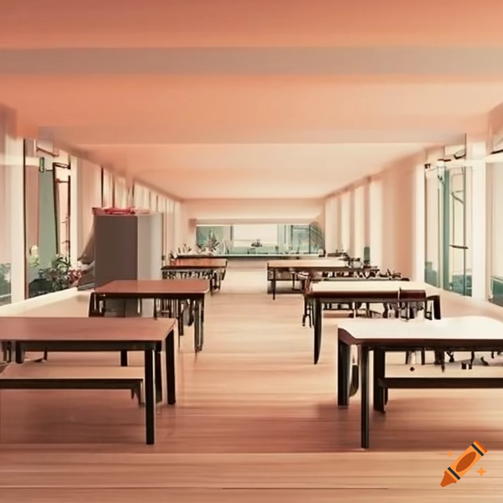 Large canteen kitchen with buffet for 300 meals and dining room with tables and benches