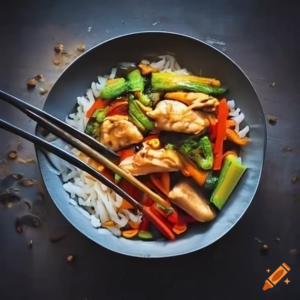 Asian chicken and vegetable stir-fry with garlic rice