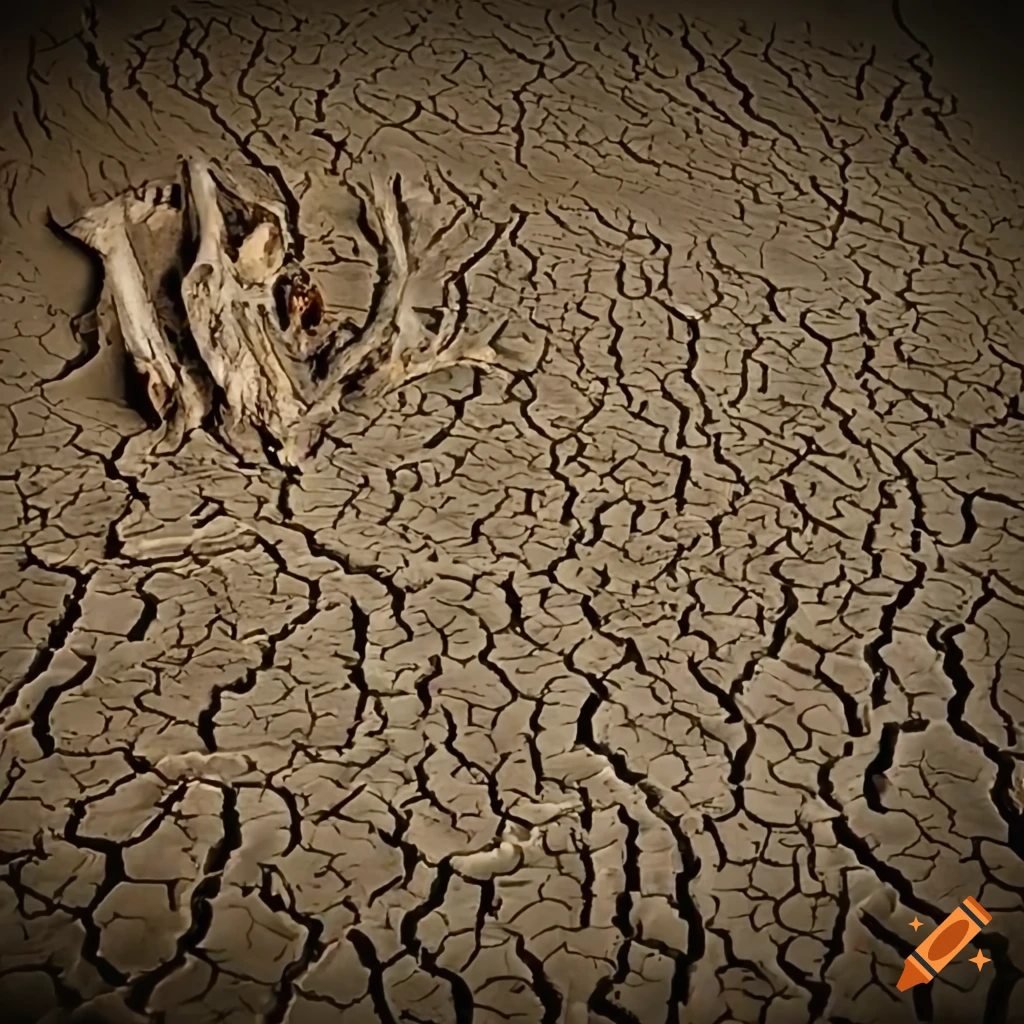 Arid dry lake with dead algae and fish skeletons