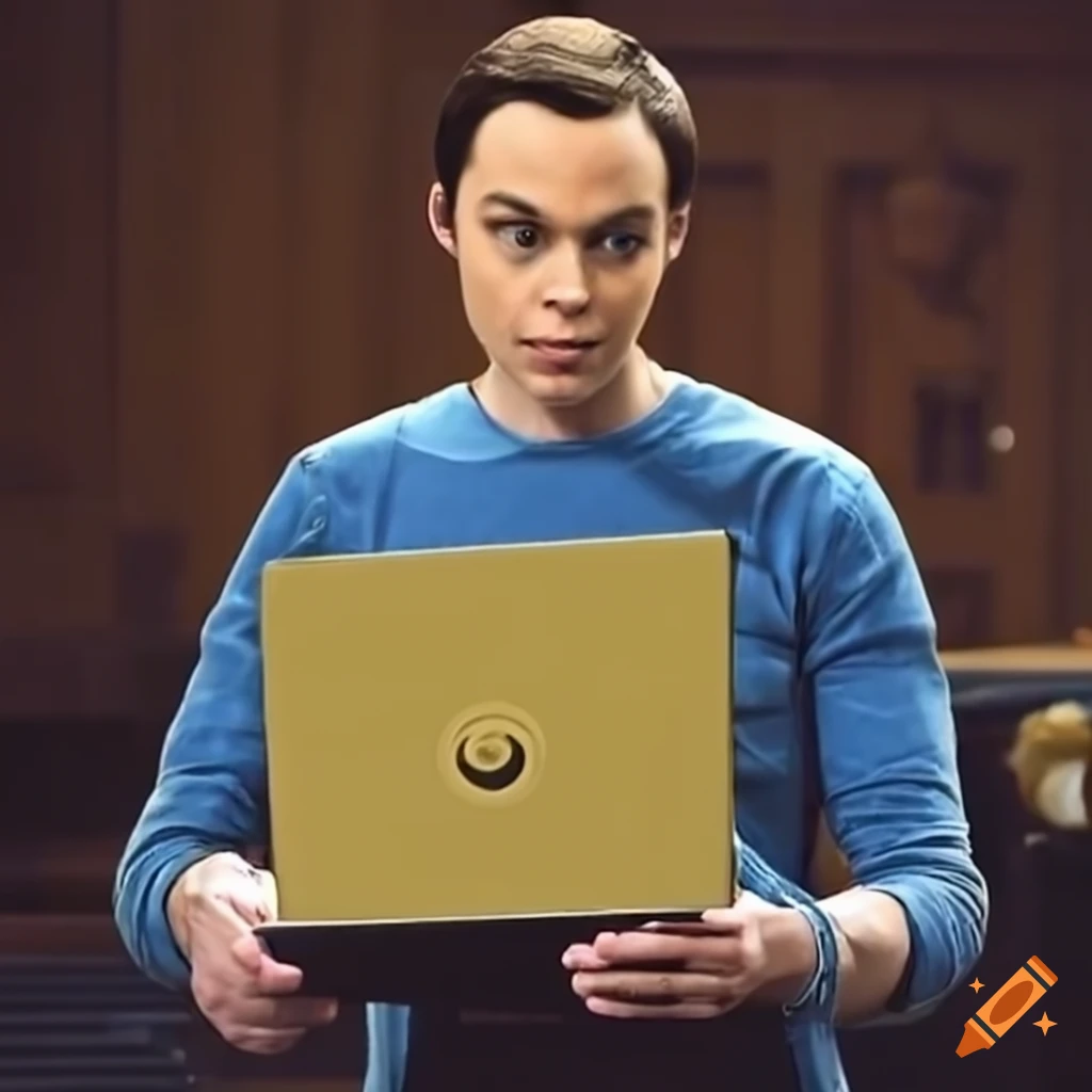 Sheldon cooper holding a laptop on Craiyon
