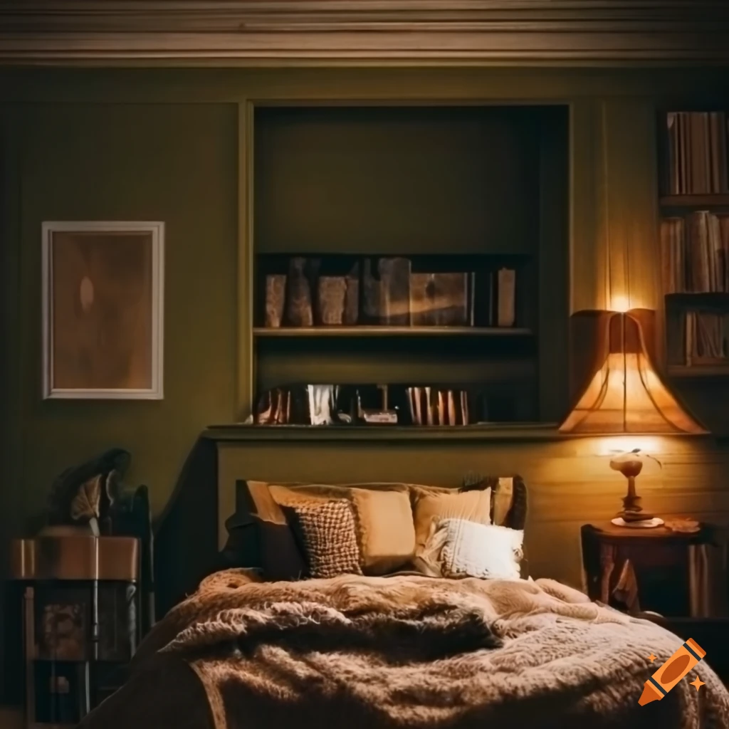 Cozy dark academia style room in autumn with green and beige colors, books, wood, and fireplace
