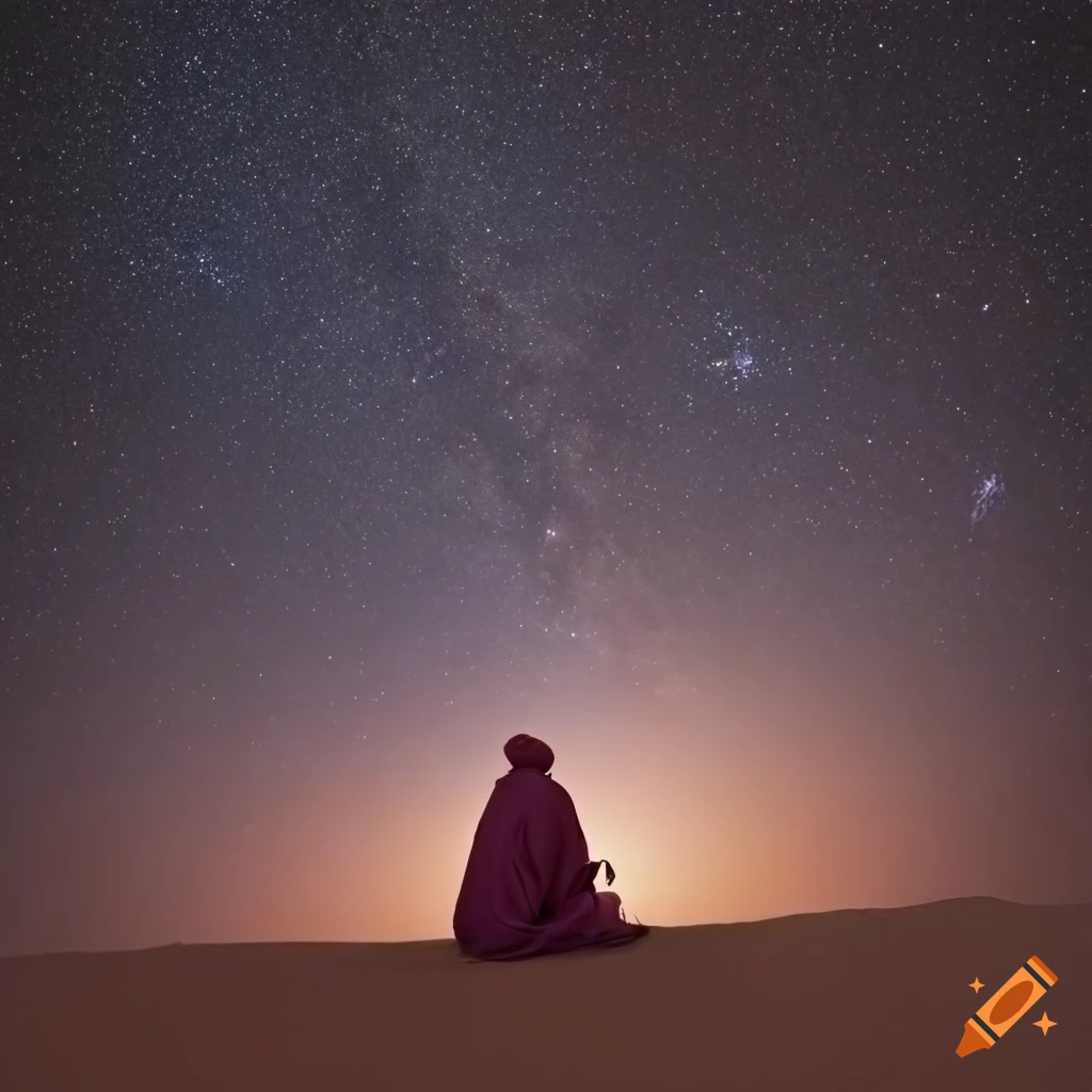 Arab man composing a poem under the starry desert sky on Craiyon