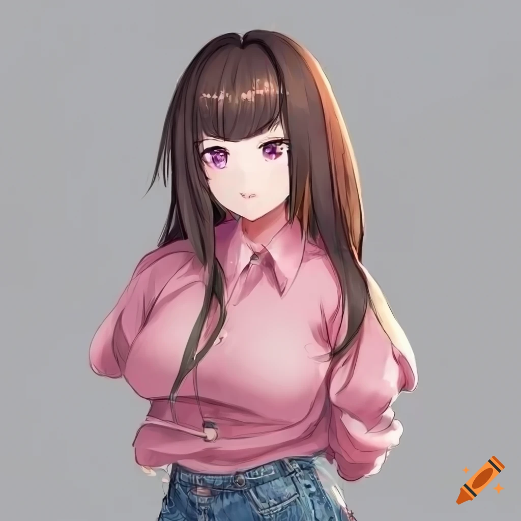Original woman character with brown hair in pink shirt and denim jeans ...