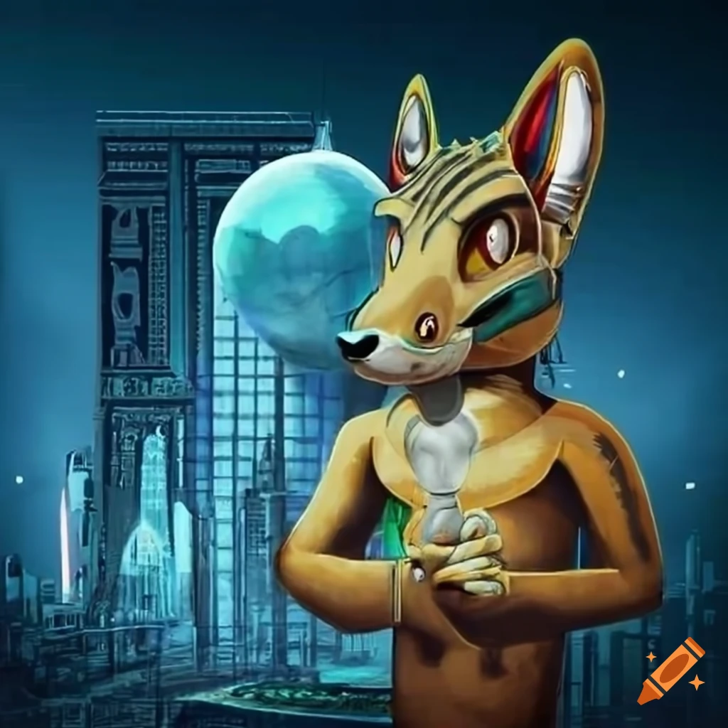 Anthro animals in a futuristic ancient Egyptian city with metal and glass buildings