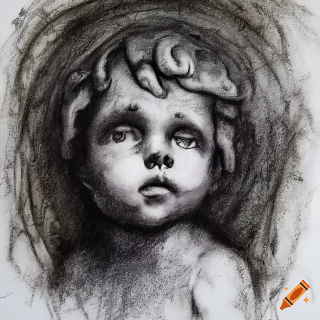 Cherub in shock charcoal drawing in black and white