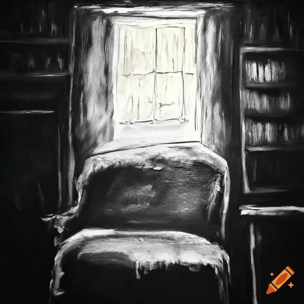 Sunshine beaming into a dark cottage room in charcoal drawing