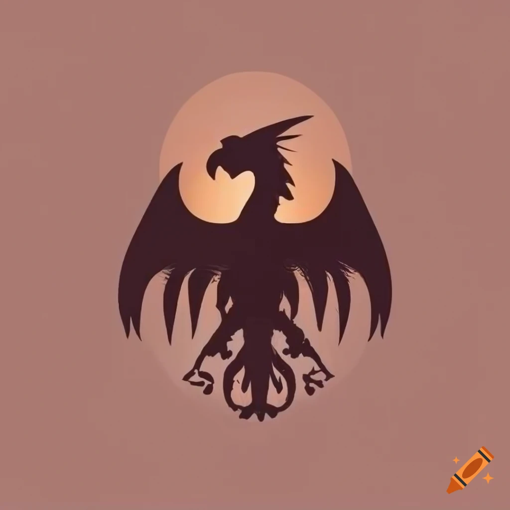 Minimalistic national emblem with wyvern silhouette and radiant sunrise