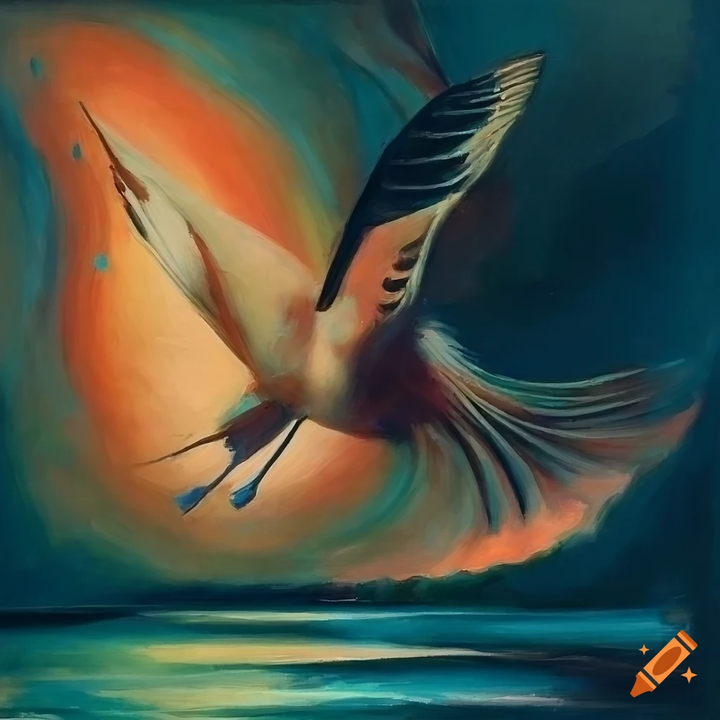 Peaceful nature scene with falling leaf, lapping water, and bird in flight
