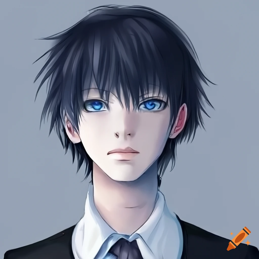 Anime boy with striking blue eyes and black hair with white front hair