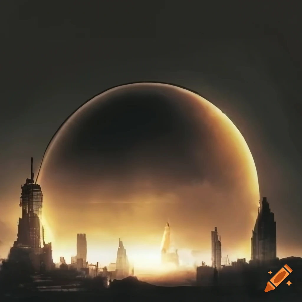 Sunset over a post-apocalyptic steampunk city