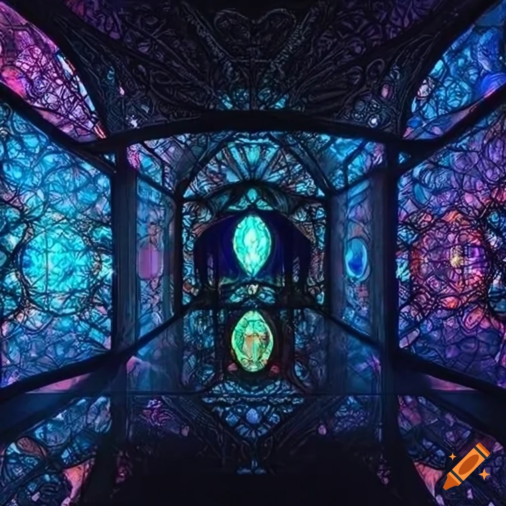 Digital art exhibit showcasing sacred geometry glyphs and lighting effects in a fantasy setting