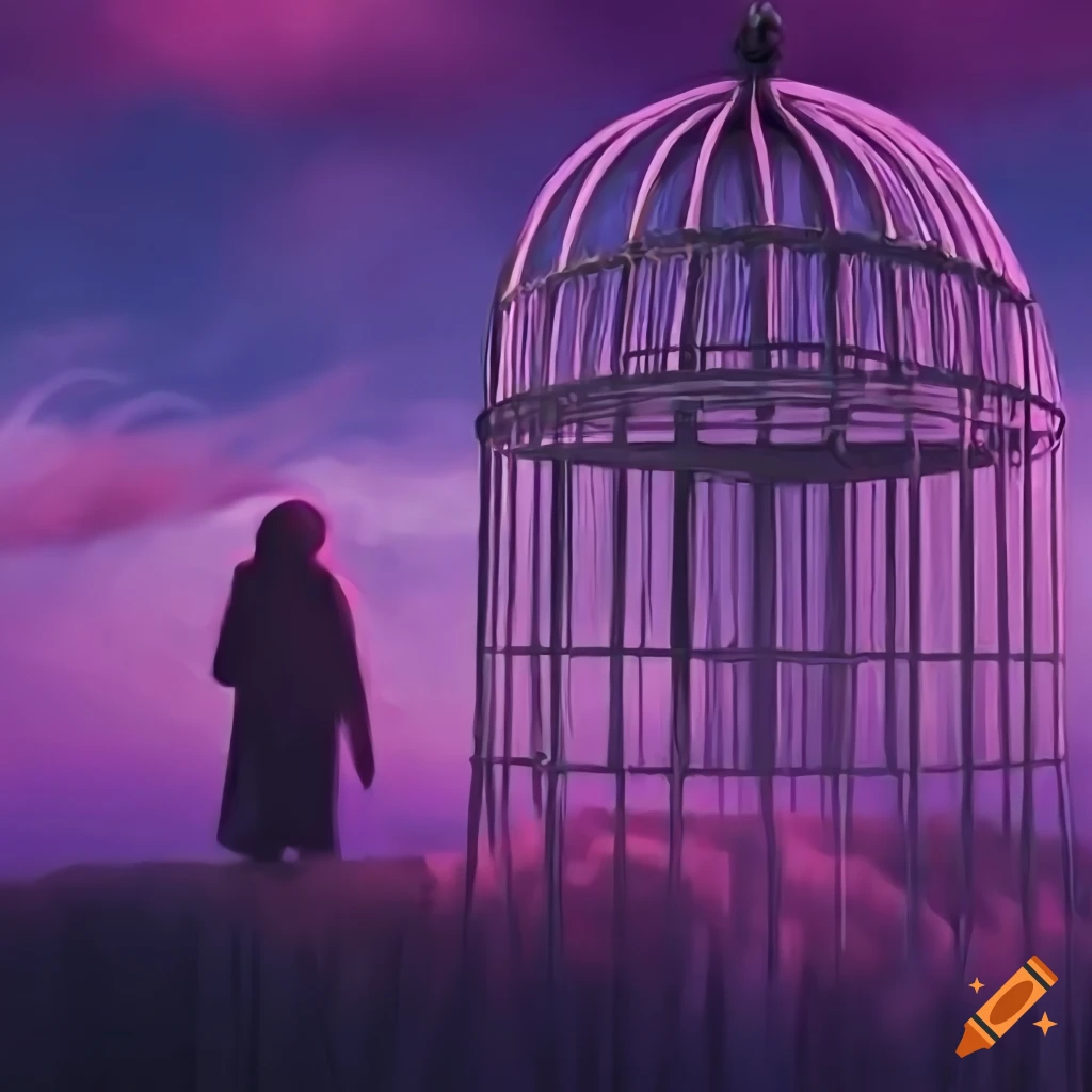 Person inside a cage on a hill under a colorful sky in ultra-realistic 4k resolution