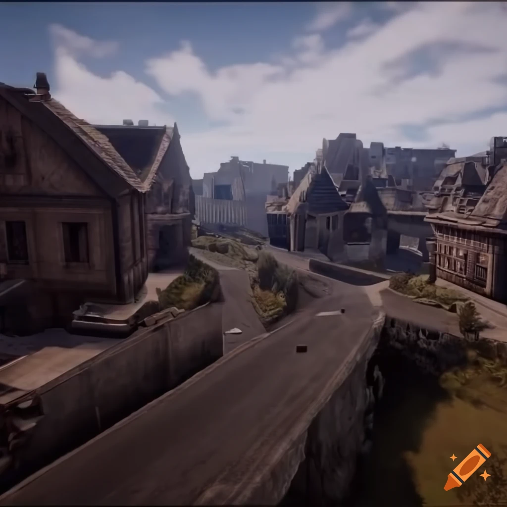 Aerial view of a futuristic sci-fi town square with beige houses, futuristic cars, and oak tree