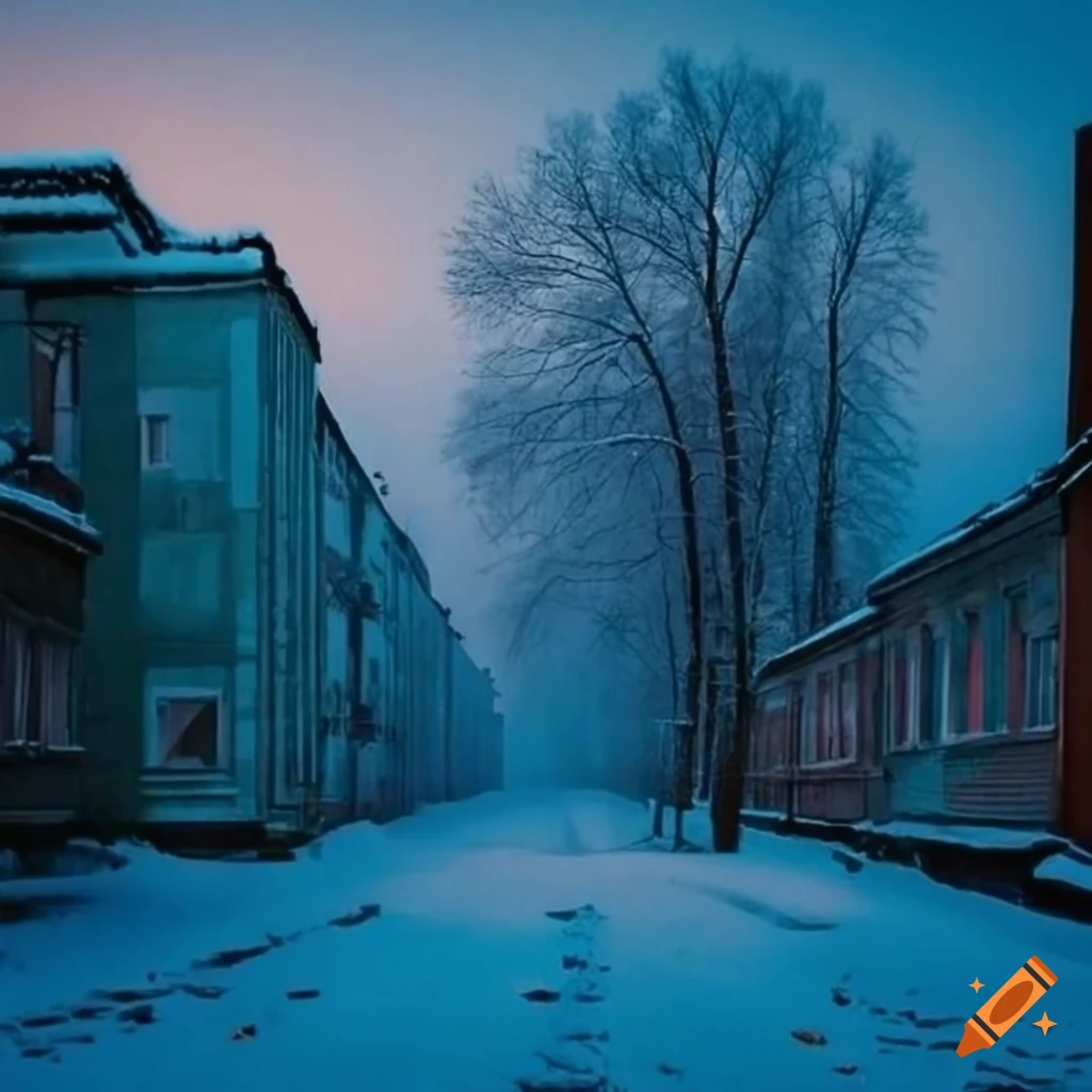 Dark snowy soviet panel houses in a winter storm with foggy sunset
