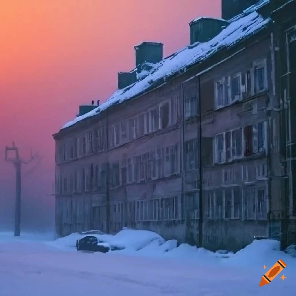 Dark snowy soviet panel houses in a winter storm with foggy sunset
