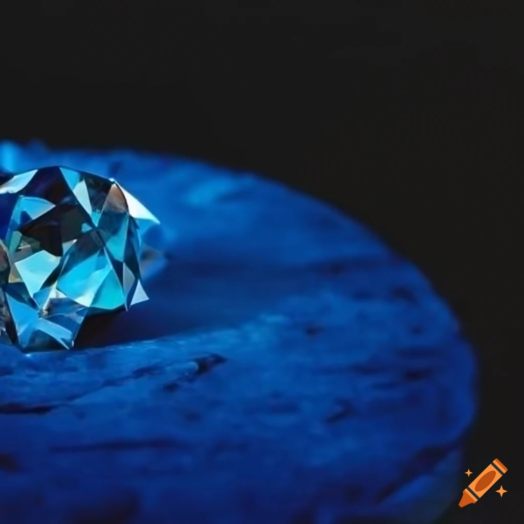 Diamond with mirror facets on blue velvet table by the seaside