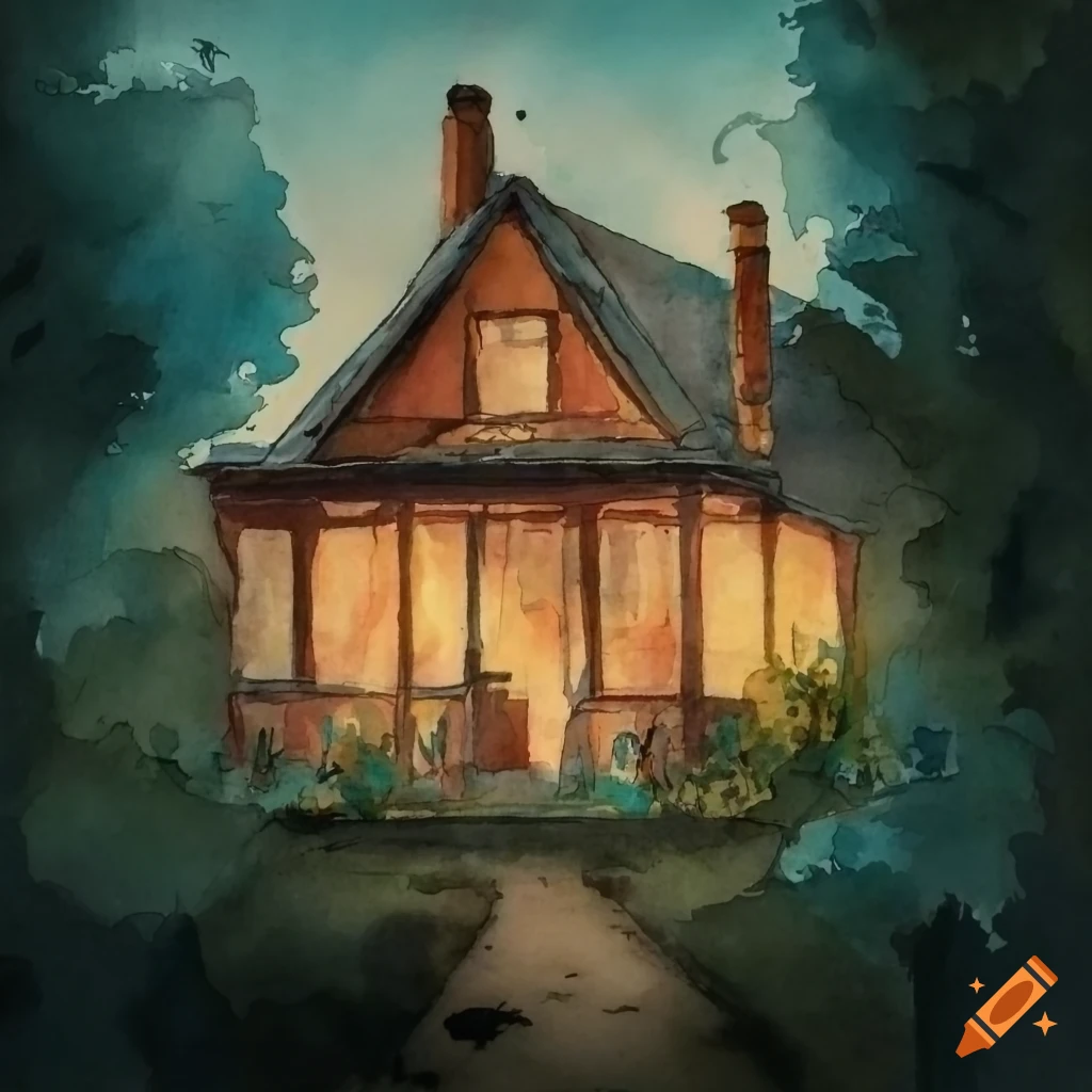 Two-floor house in a dark village garden with lighting windows