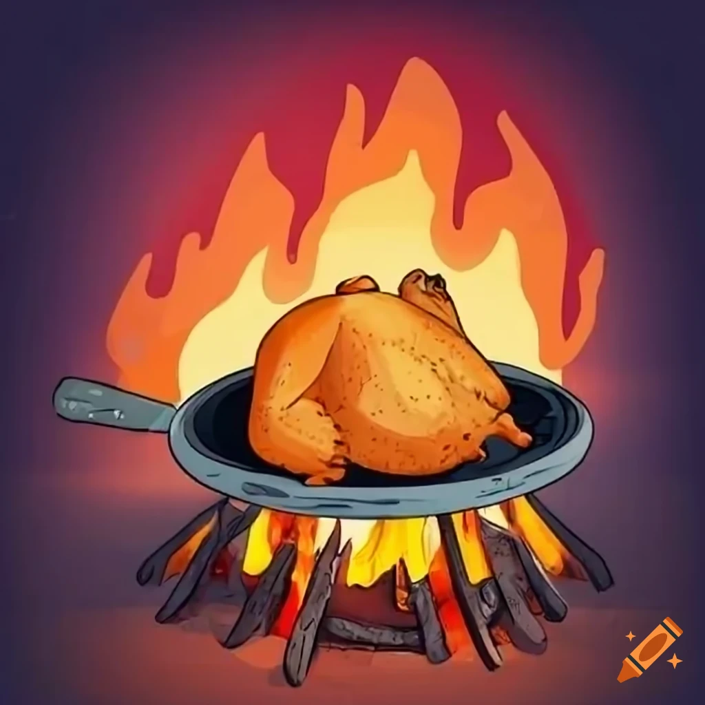 Savory chicken roast cooking on an outdoor campfire with BBQ ingredients