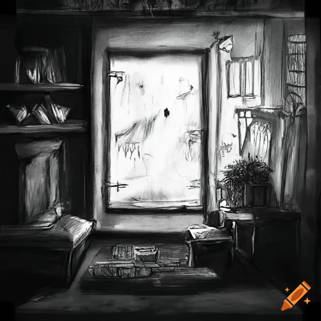 Sunlight shining into a dark cottage room in black and white