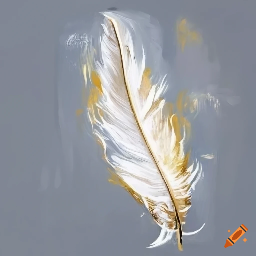 Abstract expressionist painting of white and gold feather on grey wall