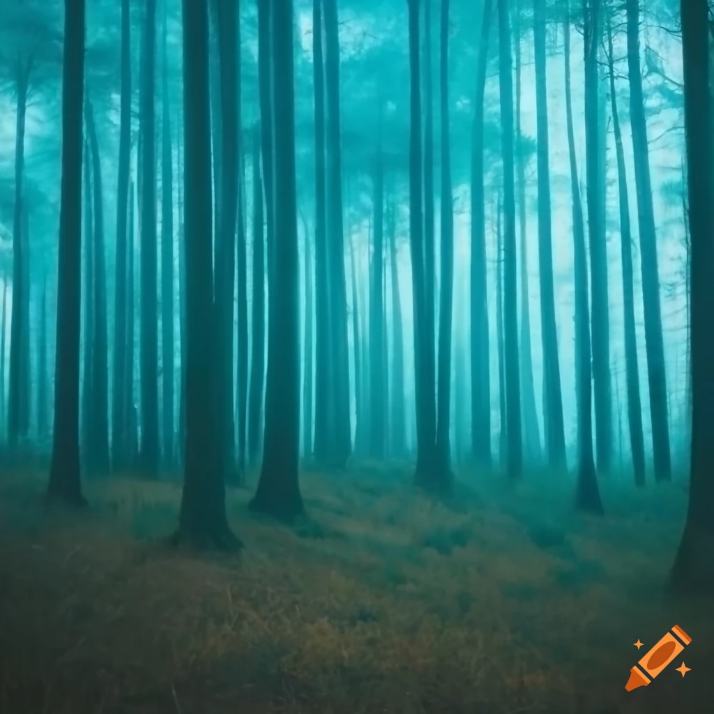 Pine forest in thick fog from afar with a turquoise hue