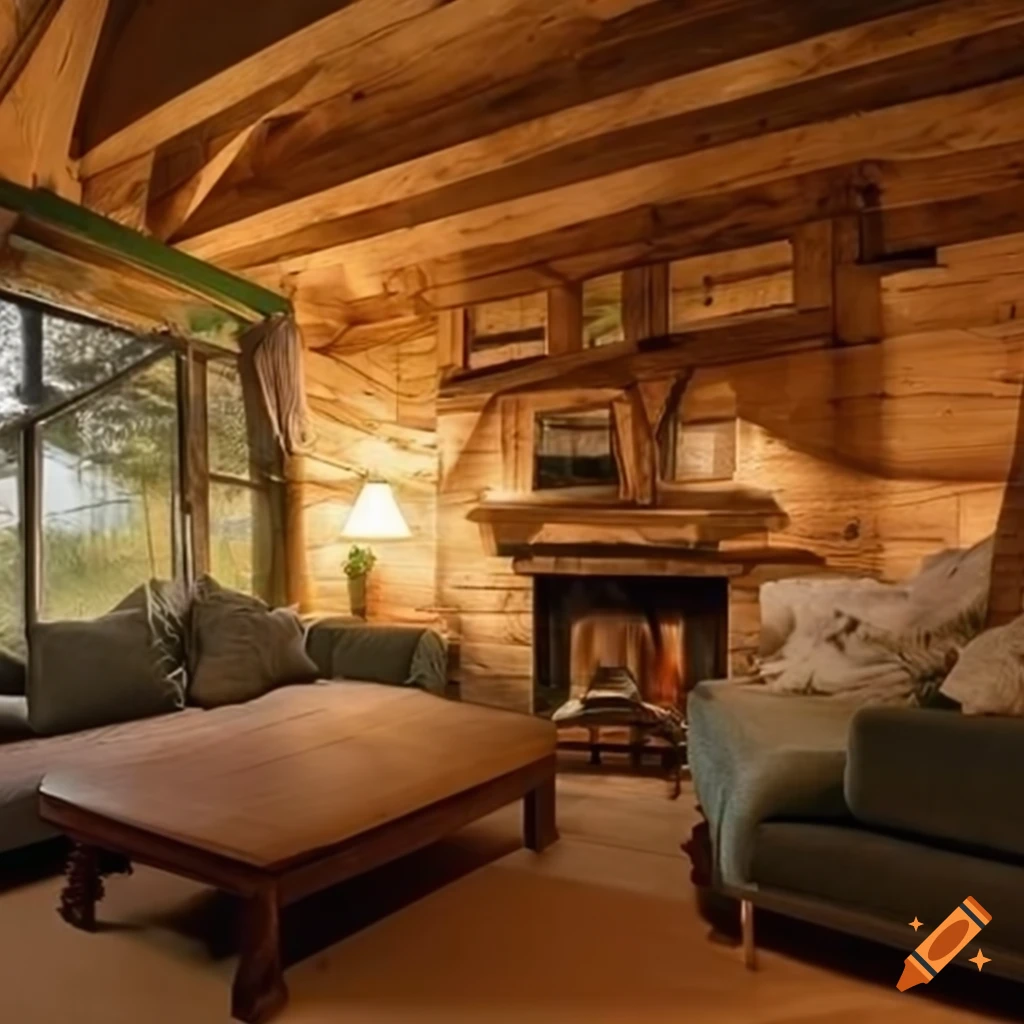Cozy cabin living room in the mountains with glass ceiling and warm ...