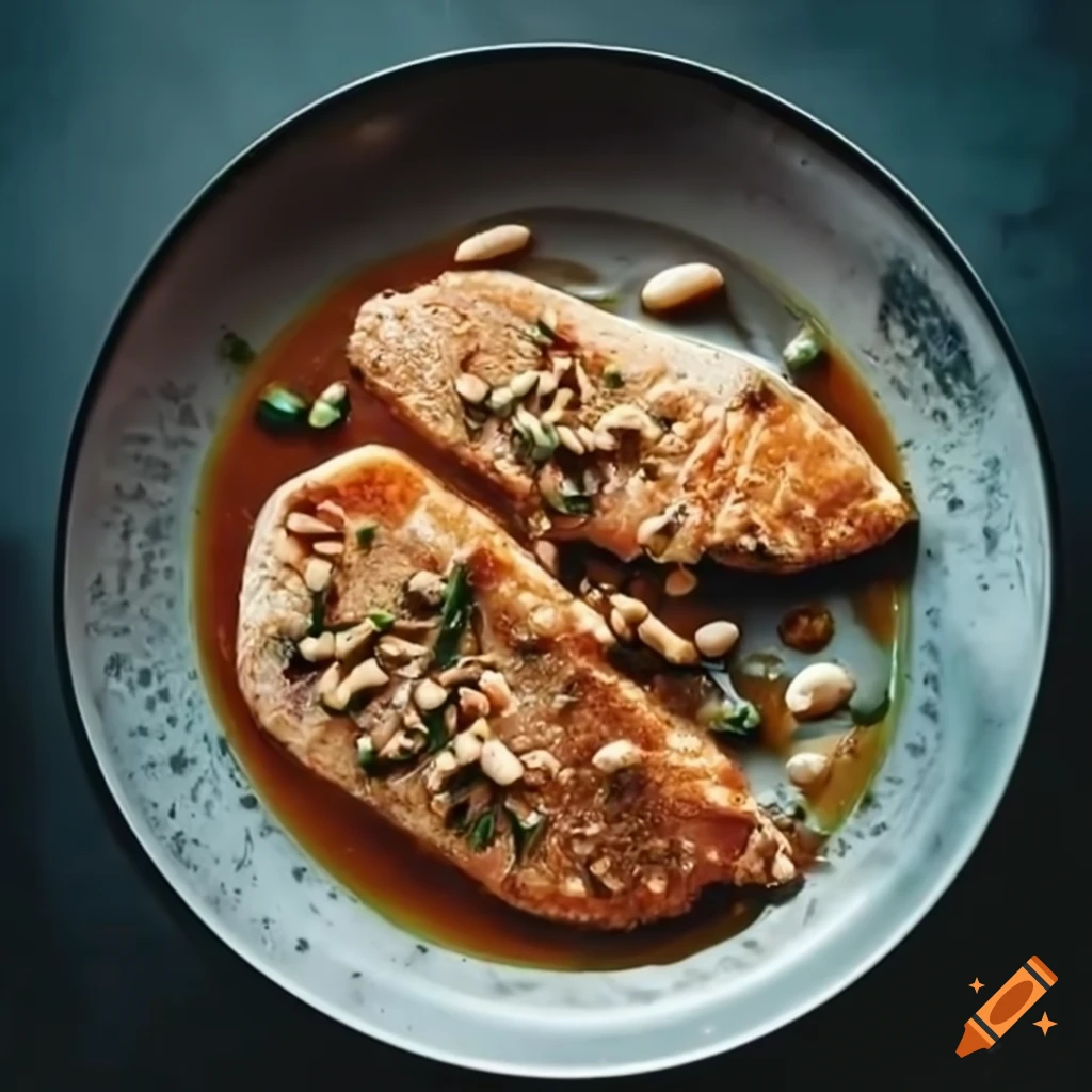 Fillet of sole with tahini and pine nuts sauce in a steel dish