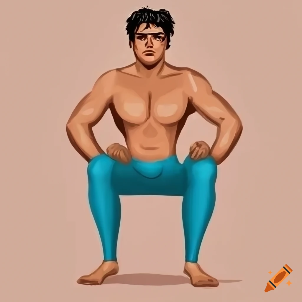 Vintage Italian male wrestler sitting in aquamarine spandex leggings, bare chested