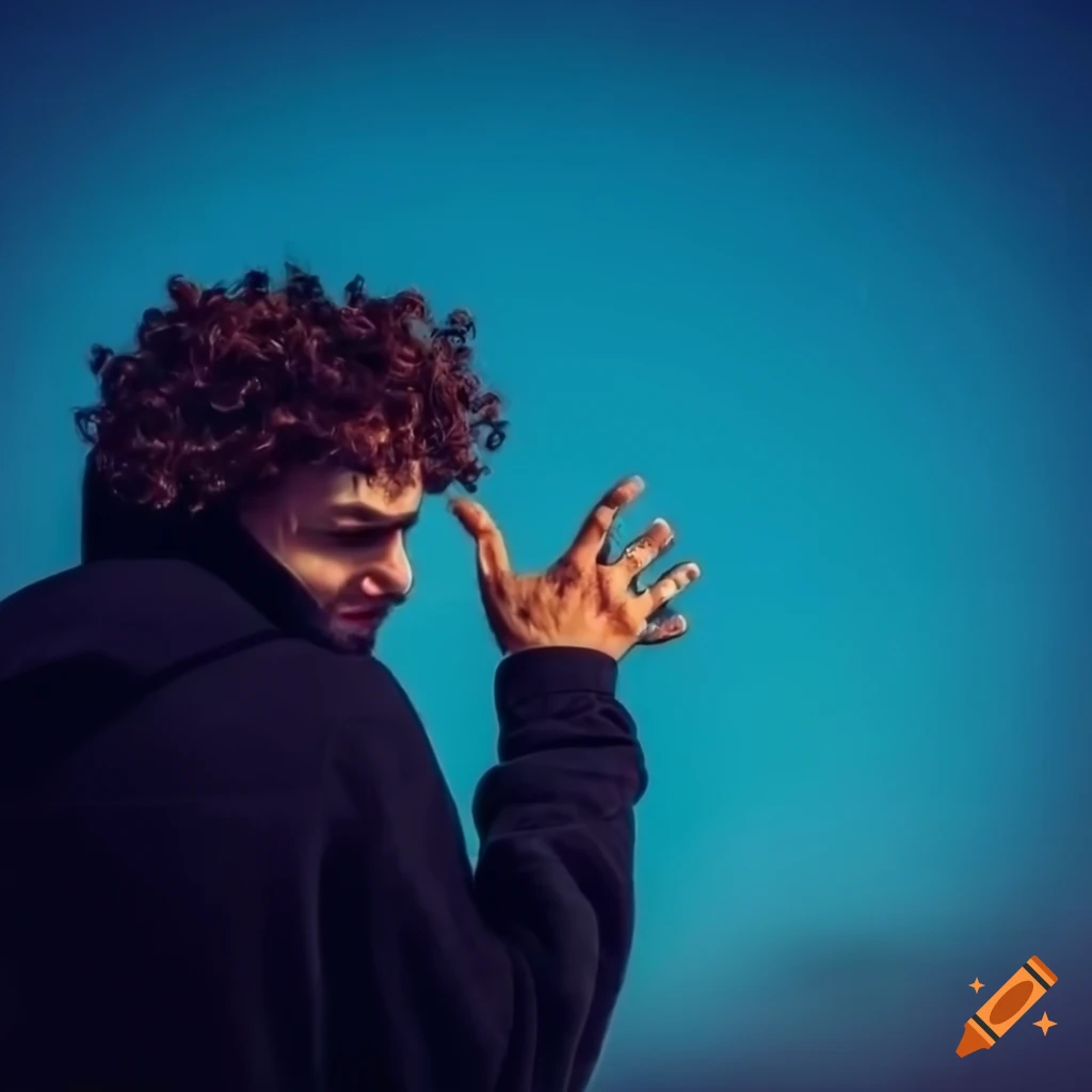 Young man with curly undercut hairstyle in a hoodie looking at the sky from a train seat