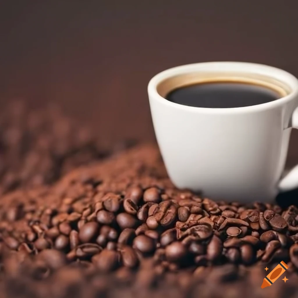 Fresh cup of coffee next to a pile of ground coffee beans