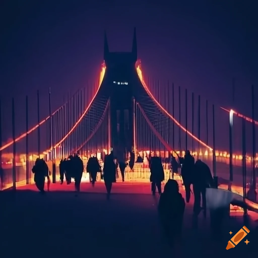 Crowd crossing Goodwill Bridge at night