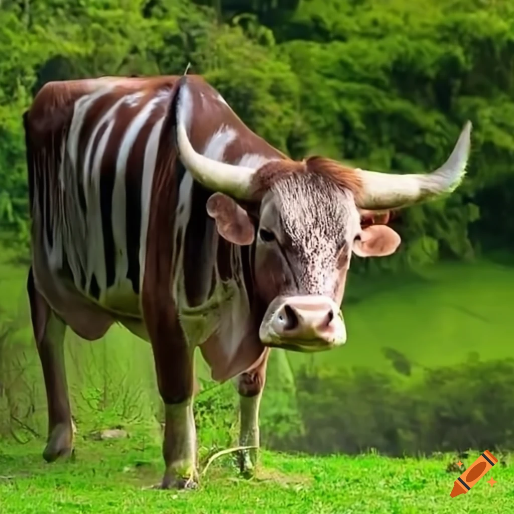 Striped cow with big horns grazing in a lush rainforest