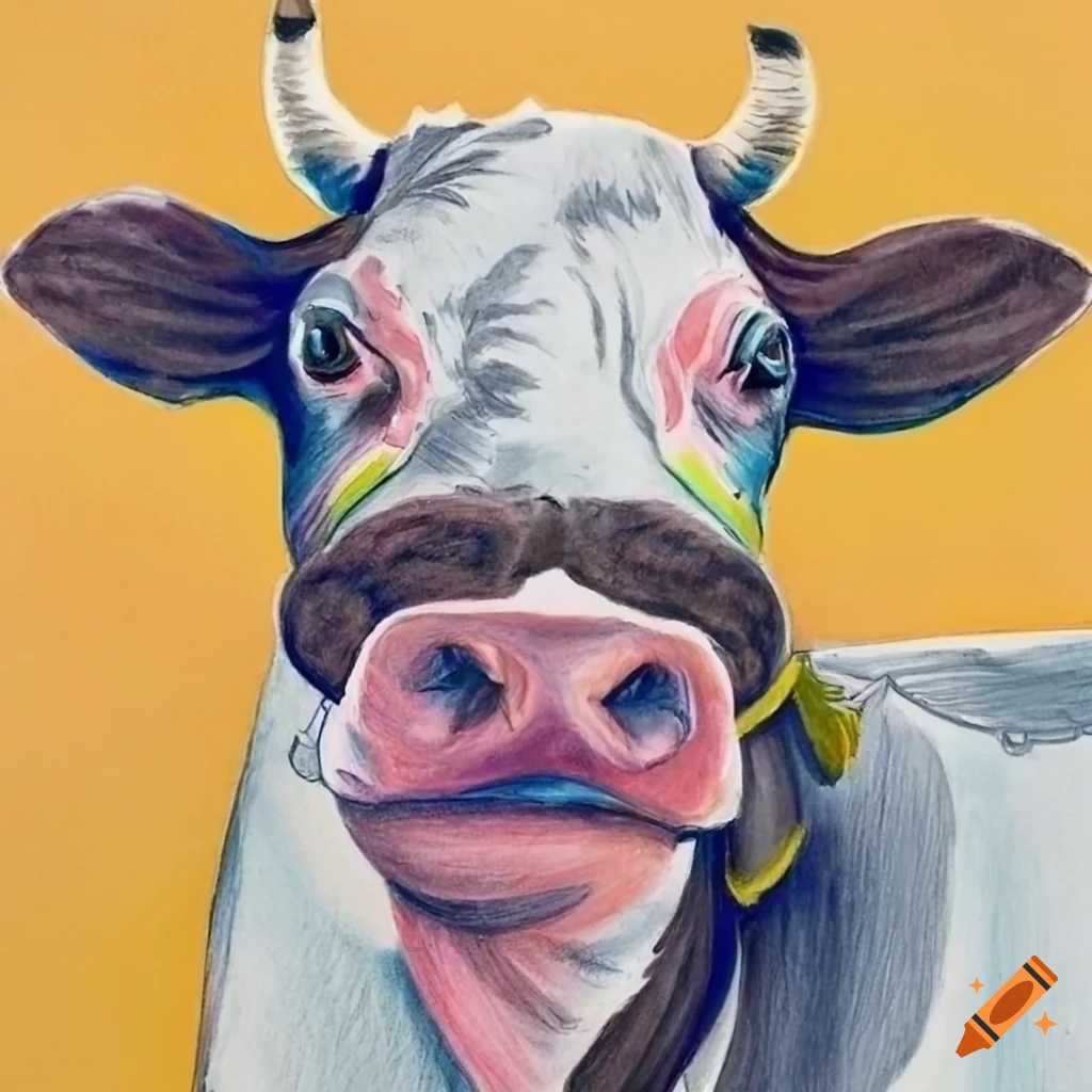 Cow wearing a top hat in colored pencil style drawing