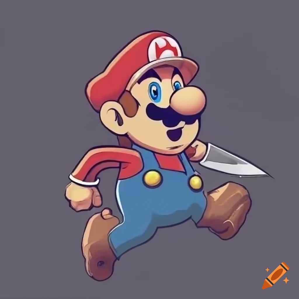 Super Mario jumping in a retro style with a traditional German messer knife